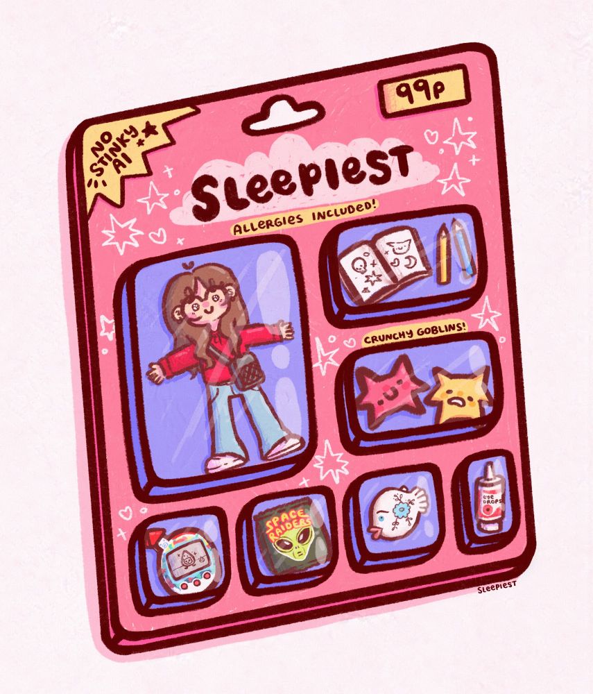illustration of a packaged doll. at the top it says “sleepiest. allergies included!” in the left top corner it says “no stinky ai!” and the right top corner it has a sale sticker of 99p! there are 7 little segments in the packaging that have a bunch of different little things in. 
1) a doll that looks like me! a fem character with long curly brown hair. a red hoodie, small black shoulder strap bag, baggy flared light blue jeans and white trainers. 
2) a sketchbook filled with doodles of skulls and goblins and stars etc with two crayons to the side
3) two crunchy goblins. one with a happy expression one that looks unwell 
4) a tamagotchi with a strawberry tamagotchi in the screen
5) a packet of space raider crisps with an alien on the front
6) a fish that resembles the fish money bank i have that is sort of horrifyingly beautiful. she has big kissy lips, blue eyes and floral design on her back
7) some strong eye drops