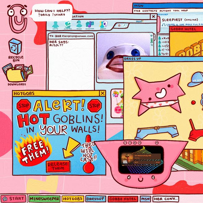 cropped illustration of my new starting soon screen! focusing on the left side of the screen, which includes an intrusive ad, a music visualiser, a msn conversation, a goblin dress up game and on the desktop are 3 icons (1 helpful clippy, recycing bin and a packed downloads folder)