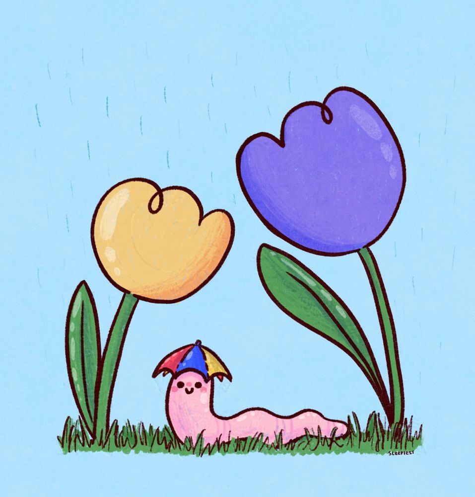 illustration of a cute worm smiling in a tiny umbrella hat hiding from the rain under some flowers 