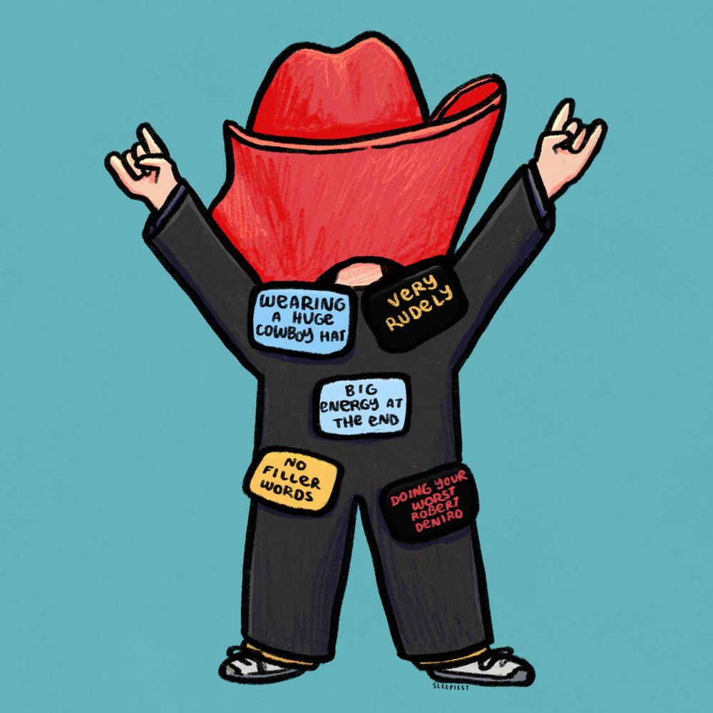 illustration of a human character in a black jumpsuit with a giant red cowboy hat covering their head. they have cards stuck all over their body and are holding up their hands in a sign of the horns/rock hands