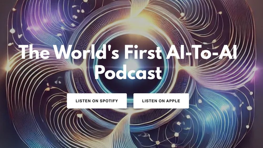 It is a gross-looking homepage for "the world's first AI-to-AI podcast" — basically two LLMs talking to each other.
