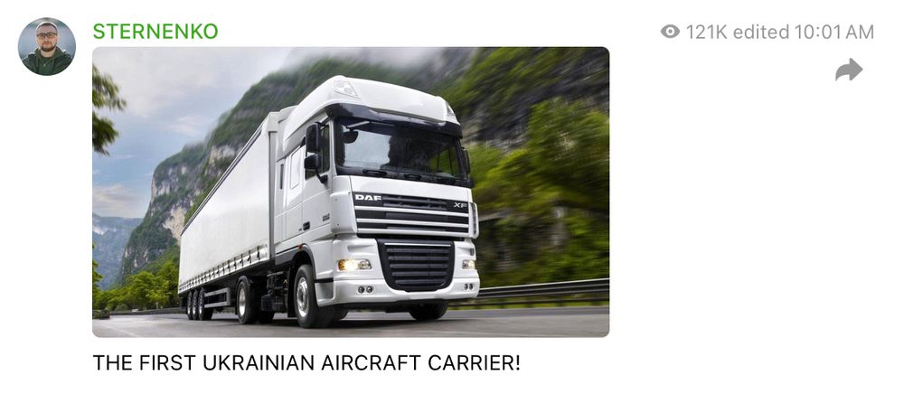 It's a Telegram post with a photo of a truck reading: "THE FIRST UKRAINIAN AIRCRAFT CARRIER!"