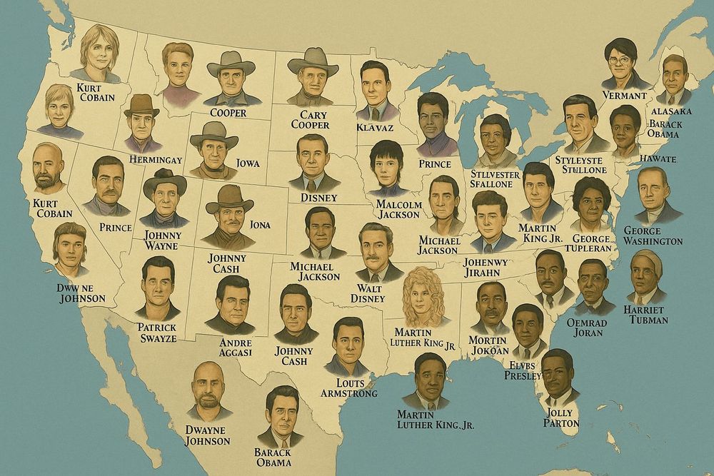 it's an AI-generated map of America with the most-famous person from each state, except it's an absolute top-to-bottom mess

You've got Kurt Cobain representing a broader Washington State, but who is actually Megyn Kelly and Amy Poehler. 

Idaho is represented by a guy named Hermingay.

There's another Kurt Cobain in California, but it's Bruce Willis.

Wyoming and Colorado have two cowboys named Iowa and Jona.

There's White Mexican Barack Obama and Latino Maine Barack Obama (from Alasaka, it says)

Martin Luther King Jr is both Dana Carvey in a wig from a broader Lousiana and also in the Gulf of Mexico

It is just a start-to-finish mess.