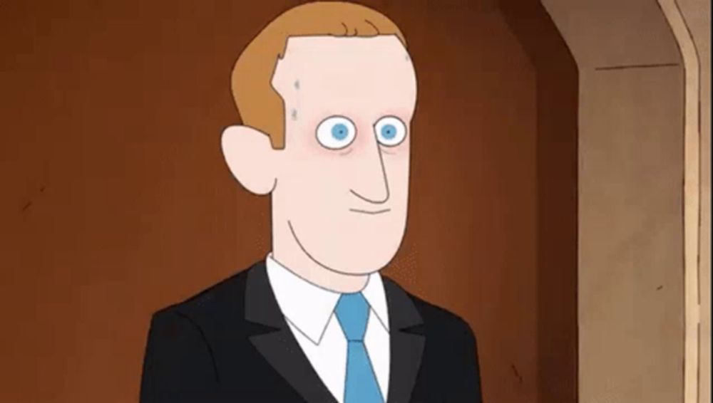 a cartoon of a man in a suit and tie standing in front of a wall .