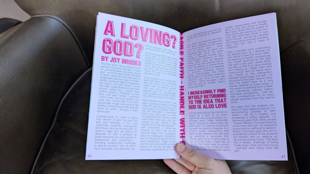 A double page spread, the page is light pink, the title reads 