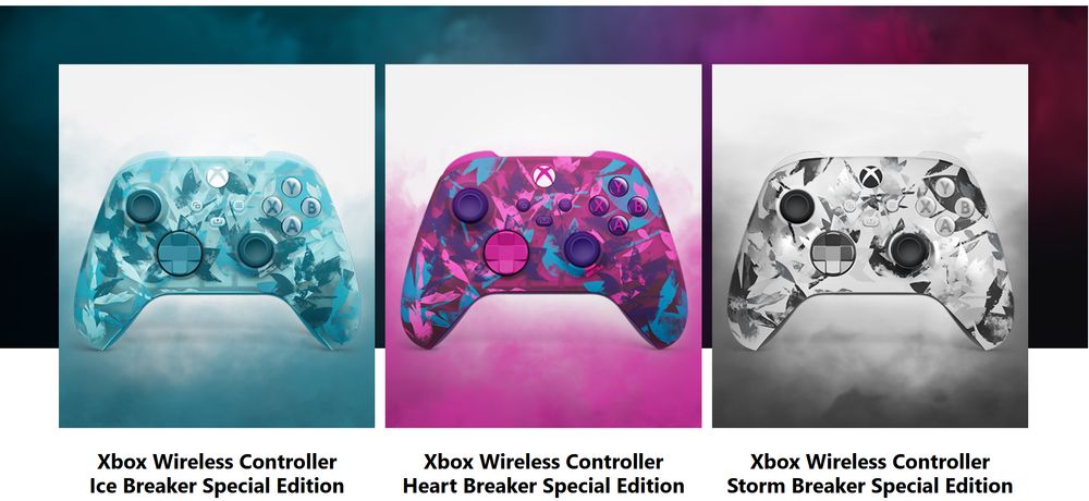 Gezeigt werden die drei neuen Controller von Microsoft: in einem eisigen Blau, einem bunten Lila und einem klassischen Schwarz-Weiß.