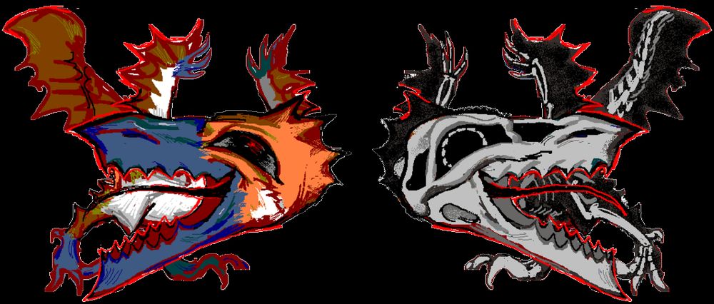 two small raptors mirrored, one with bright feathers and skin, the other just bones 