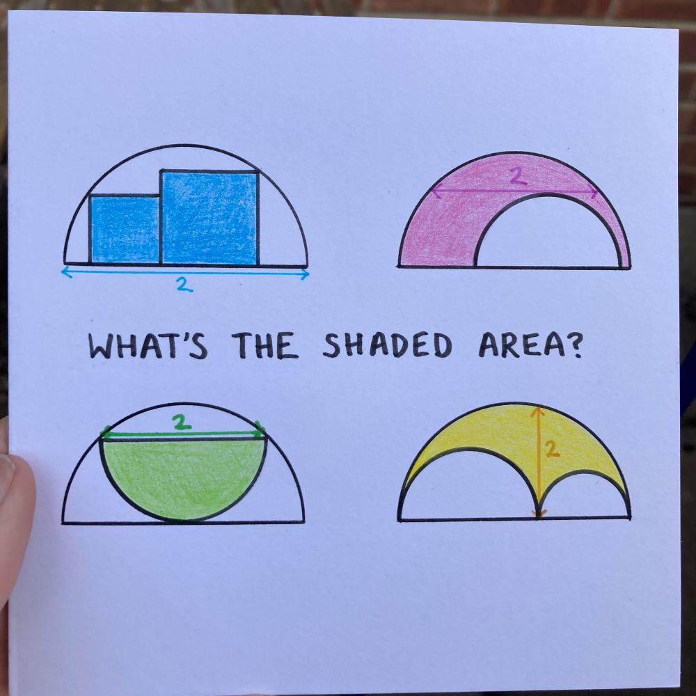 A card with the text ‘What’s the shaded area?’ and four partially-shaded semicircles in different colours. 