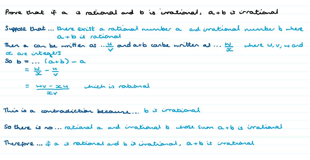 A similarly scaffolded proof that if a is rational and b is irrational, a+b is irrational