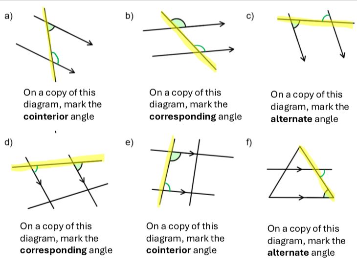 6 questions of the form:

On a copy of this diagram, mark the cointerior/corresponding/alternate angle. 

The solutions have been drawn on, with the transversals highlighted in yellow. 

