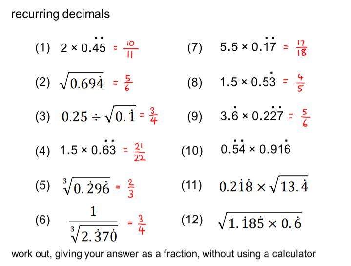 Questions using recurring decimals, where all the answers are fractions with the numerator one less than the denominator. 