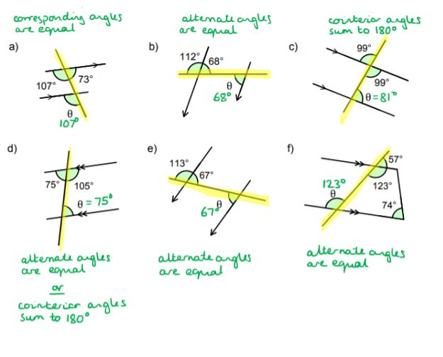 6 diagrams with some angles given, including ones not needed to answer the question, and one missing that has to be found. They have been answered with the transversals highlighted in yellow. 