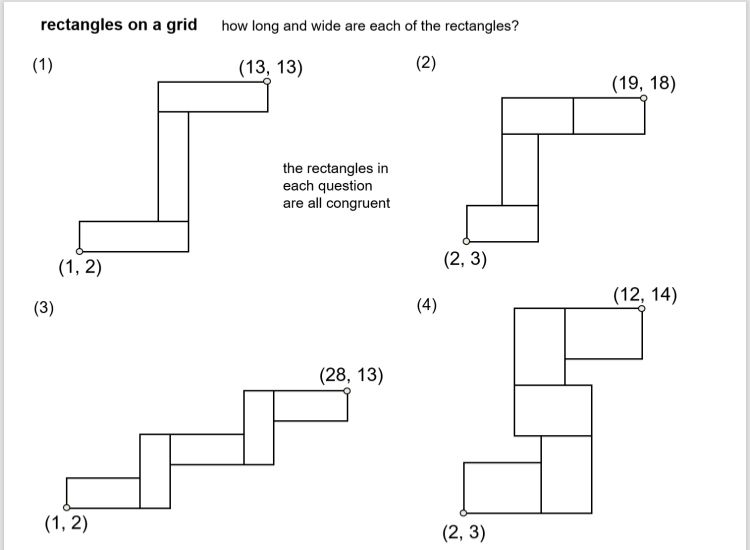 Four problems about diagrams made up of congruent rectangles drawn on a coordinate grid. 