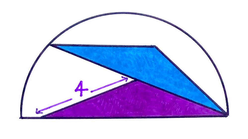 A blue triangle on top of a purple one, inside a semicircle. The side length of the purple triangle is 4.
