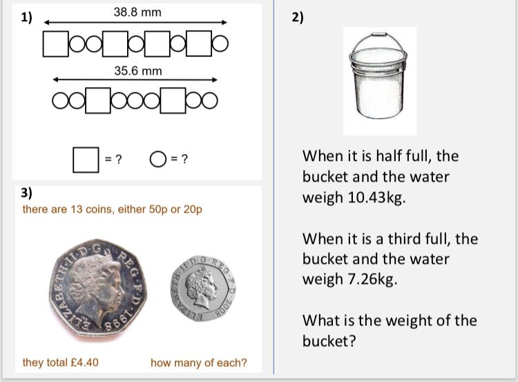 Three problems that can be represented by simultaneous equations: one about the length of two strings of square and circular beads, one about the weight of a bucket containing different amounts of water, and one about the value of a given number of coins. 