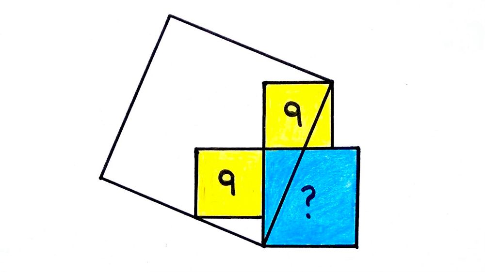 Two yellow squares both with area 9, an unshaded square, and a blue square whose area is to be found. 