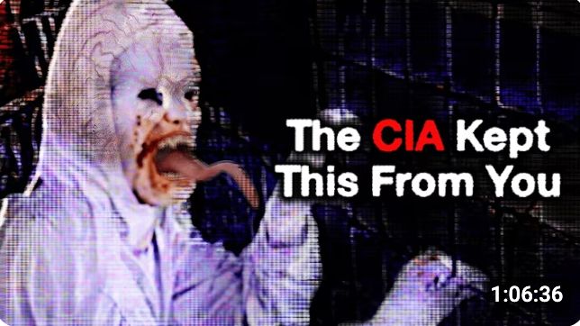 screenshot of a Youtube video preview of a white hooded figure with a long demon tongue with the words "The CIA kept this from you" on it