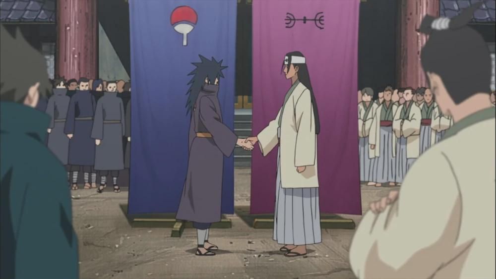screen cap from Naruto of Madara Uchiha and Hashirama Senju shaking hands