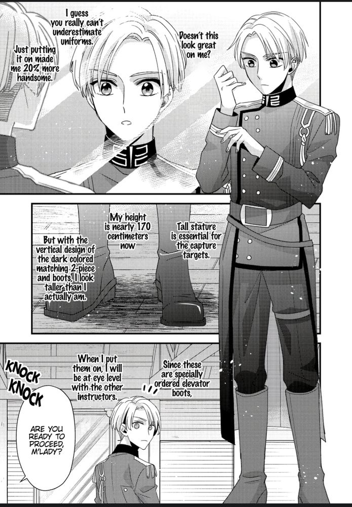 manga panel showing the protagonist dressed in a knightly grey uniform. 