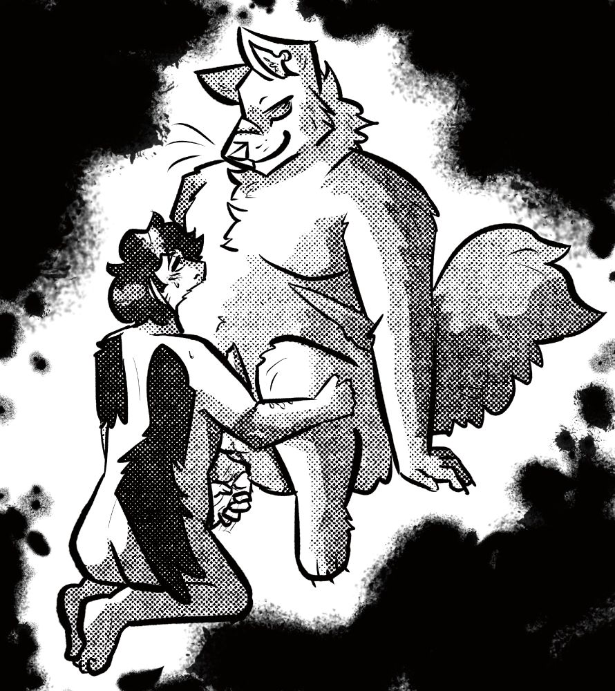 A digital drawing in black and white. A skinny young man with tattered wings kneels in front of a fat, transfem wolf furry. He is leaning inter her belly and sniffing her while he strokes his cock, which is tantalizingly close to entering her hole. She smiles down at him. 