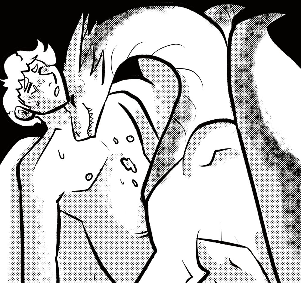 A dragon happily cuddles a nude, winged man. The man is blushing and sweaty, and there is cum on his chest. 