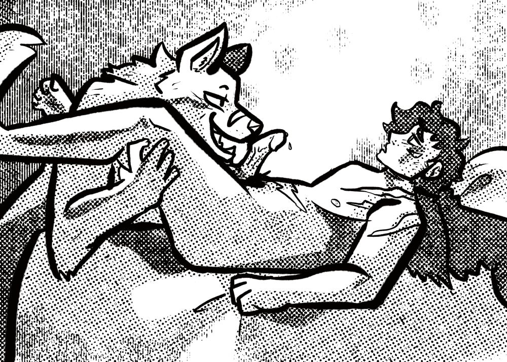 A scarred young man with broken wings lies naked on his back in bed while an anthro wolf woman holds his back legs up and mischievously licks his cock. 