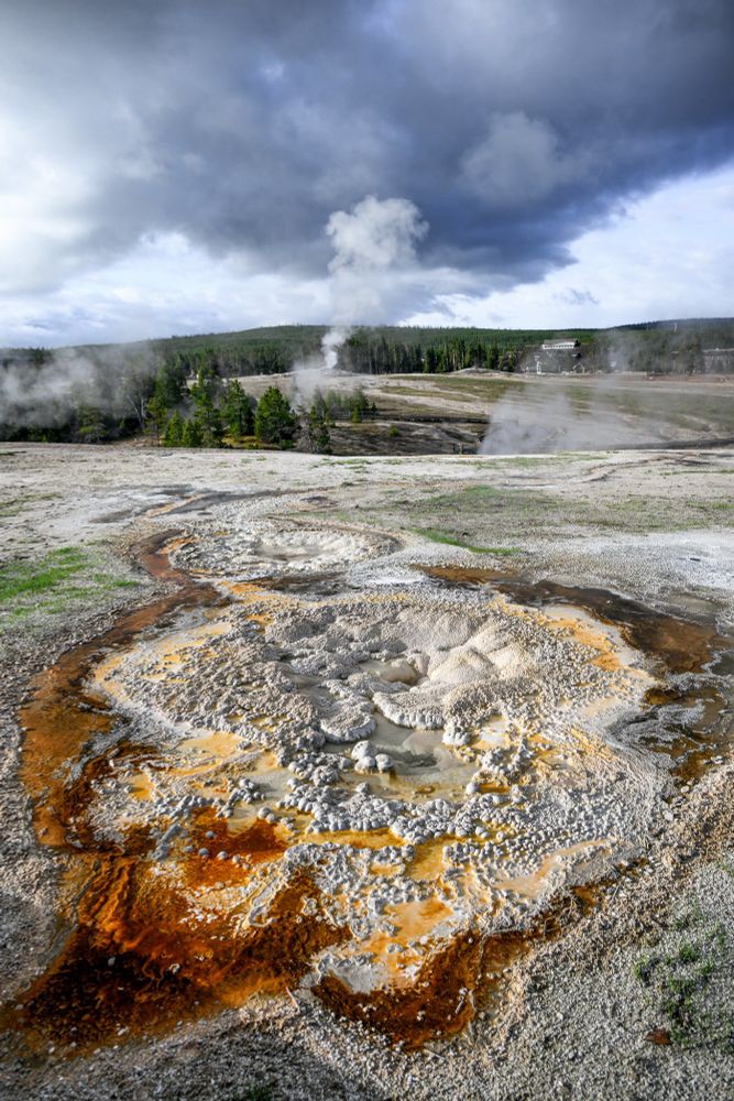 Vertical photo of Anemone Geyser in Yellowstone National Park, with steam rising from Old Faithful in the distance.