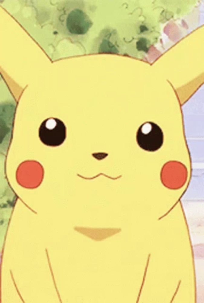 a close up of a pikachu looking at the camera with a tree in the background