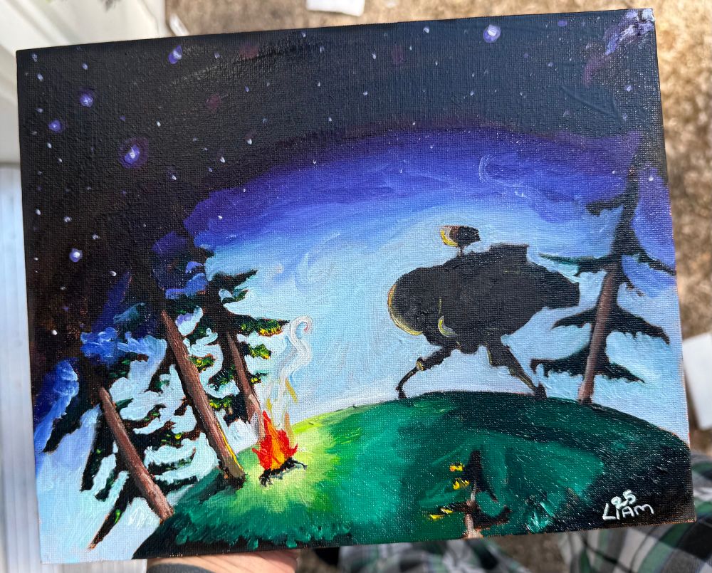 Small oil painting of a spaceship parked on a small forested planet. There's a campfire