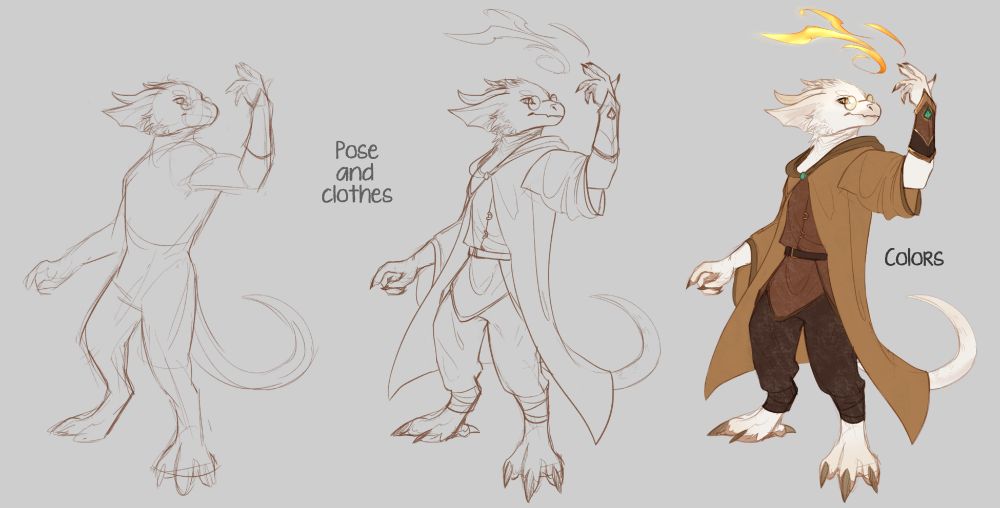 Steps of a design sketch for a kobold character