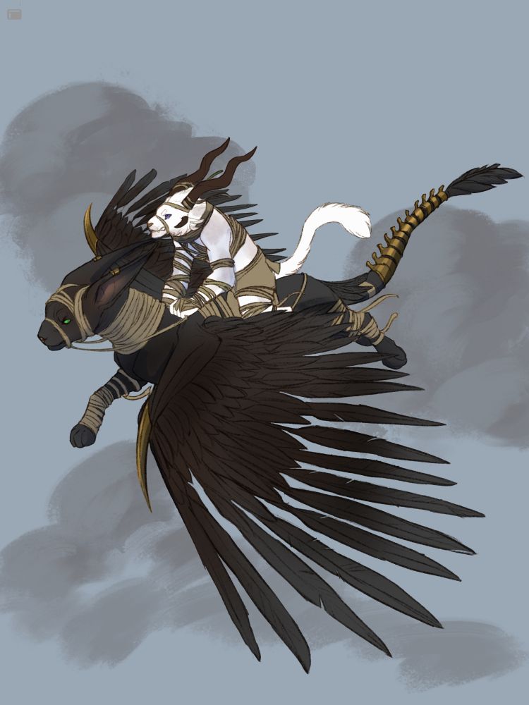 A guild wars 2 charr(anthromorphic feline) riding a gryphon that resembles a black sphinx cat wrapped in bandages.