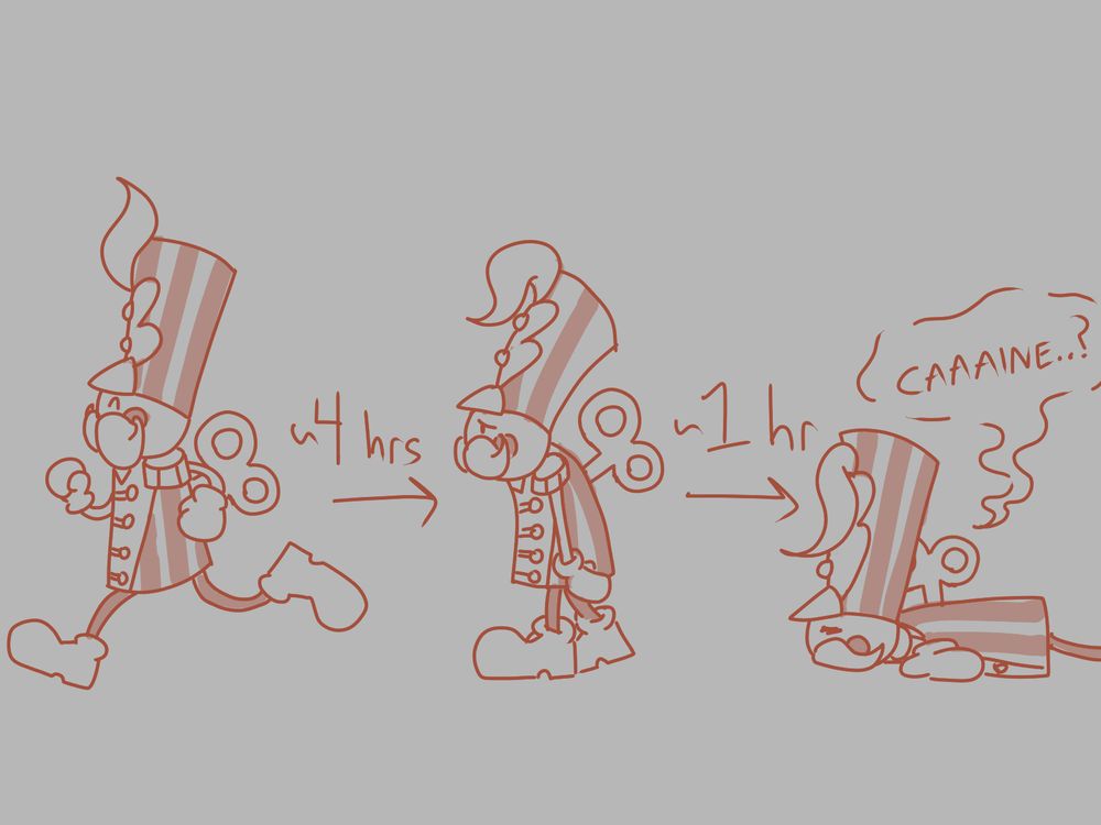 Chester is shown walking with a spring in his step. After four hours, he is slouched and groggy. After another hour, he is on the ground, calling for Caine to come wind him up again