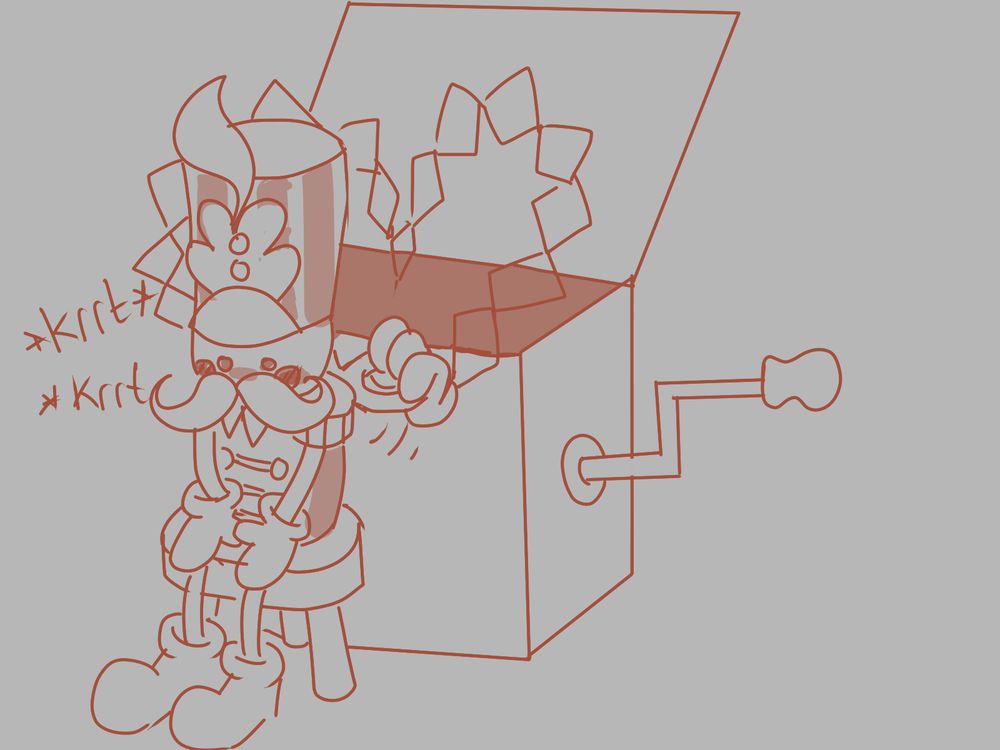 Chester sits on a stool in front of a jack-in-the-box. Out of the box comes two mechanical arms which automatically wind Chester's key up for him