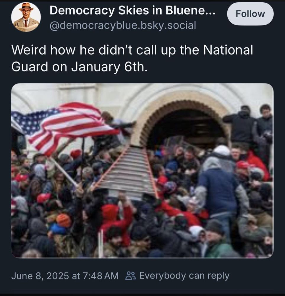 Picture of the attack on the Capitol with the words "Weird how he didn't call up the National Guard on January 6th" 
