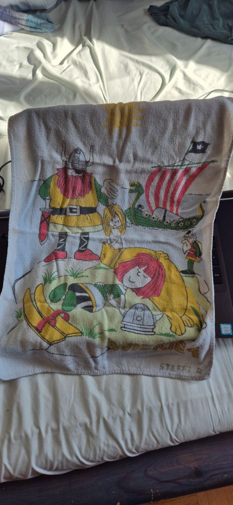 ein altes, verwaschenes Handtuch, auf dem schlafend Wickie und im Hintergrund sein Vater und das Wikingerschiff zu sehen ist