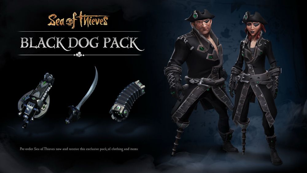An image of the black dog pack from sea of thieves promo. It depicts two pirates wearing an all black outfit with a hurdy gurdy, cutlass, and concertina next to them also in black.