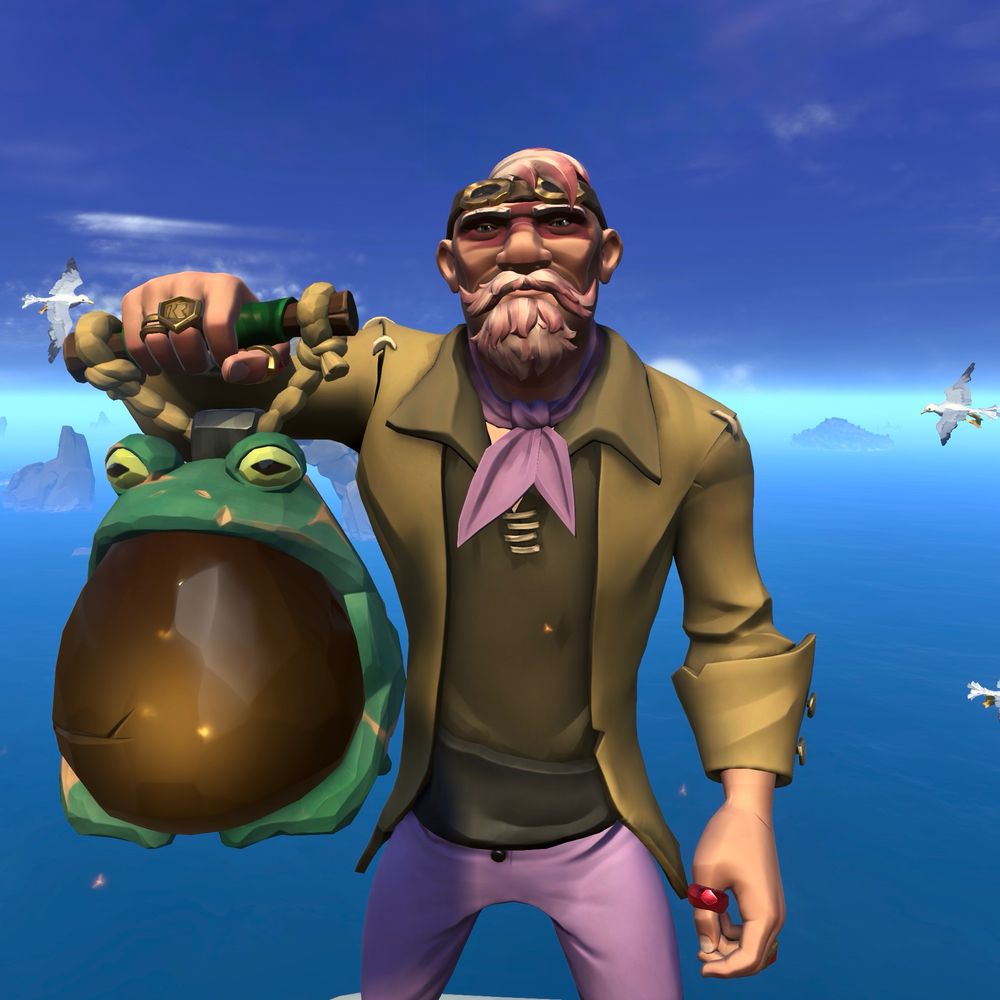An image of Bruno’s sea of thieves pirate stood with his frog lantern in one hand. He’s looking out to the horizon.
