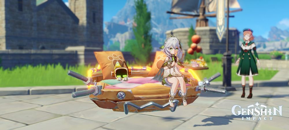 Genshin Impact screenshot of Nahida and Ujola Cat sitting on the King Size Cat Bed in Mondstadt