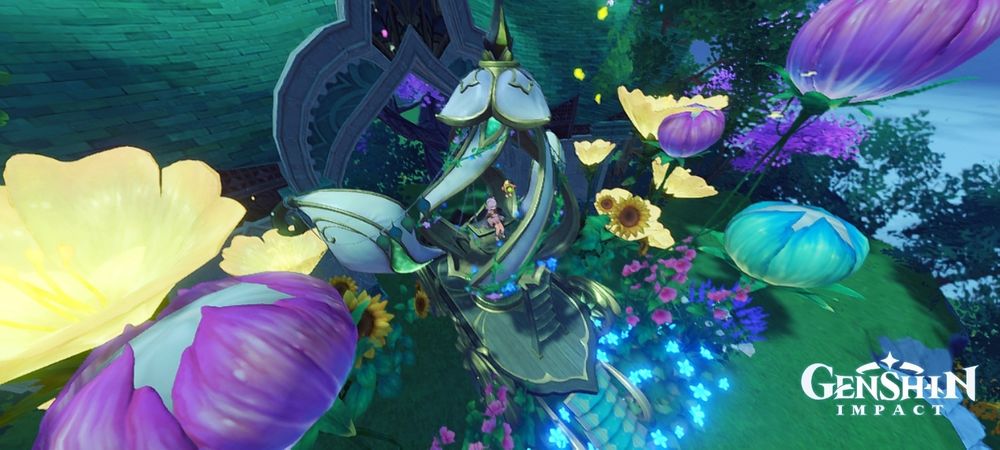 screenshot of Genshin Impact Nahida sitting in her carriage in Serenitea Pot at night