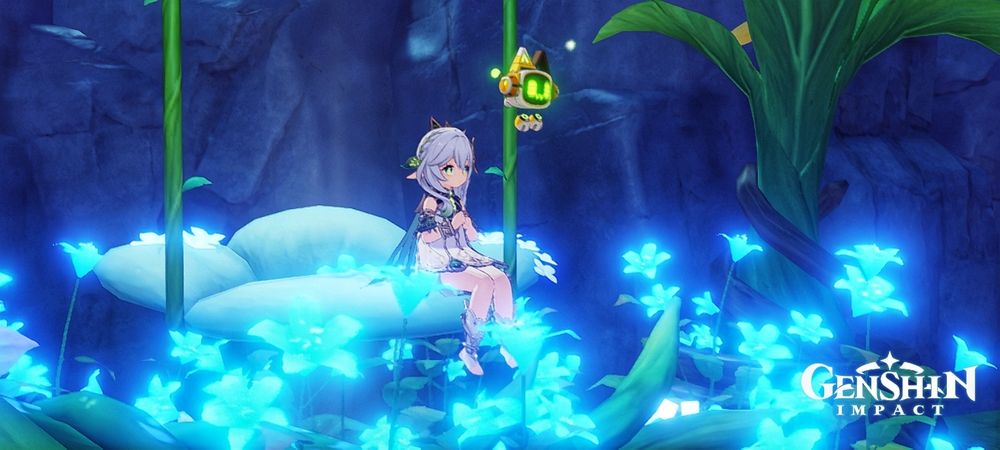 screenshot of Genshin Impact Nahida sitting on a swing in Serenitea Pot, surrounded by glowing flowers