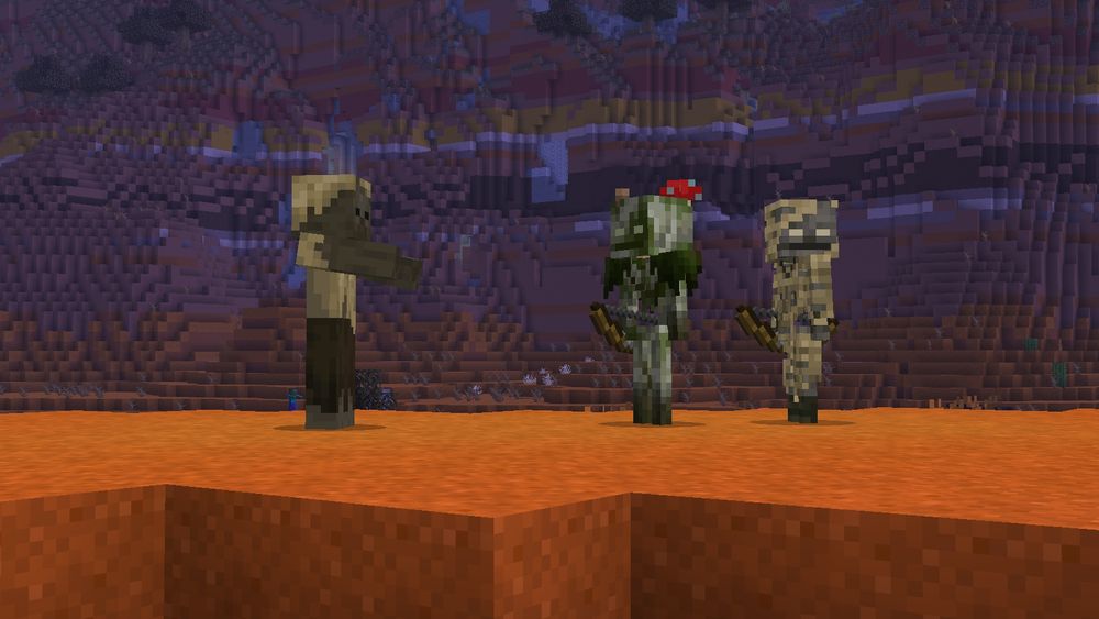 A badlands biome with a husk, a bogged, and a parched in Minecraft