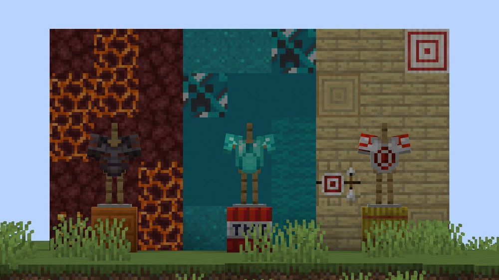 Armor stand with a copper rib trimmed netherite chestplate, chiseled red sandstone below, and a background composing of netherrack and magma blocks. Another armor stand with a diamond tide trimmed diamond chestplate, TNT below, and a background composing of cyan glazed terracotta, cyan concrete, cyan concrete powder, and cyan wool. A final armor stand with a redstone eye trimmed iron chestplate, a hay bale below, and a background composing of a fletching table, a target block, birch logs, and birch planks.