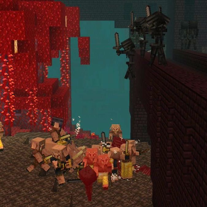 An army of piglins, piglin brutes, and a netherite armored piglin riding a hoglin fighting an army of wither skeletons above them on a Nether fortress in Minecraft