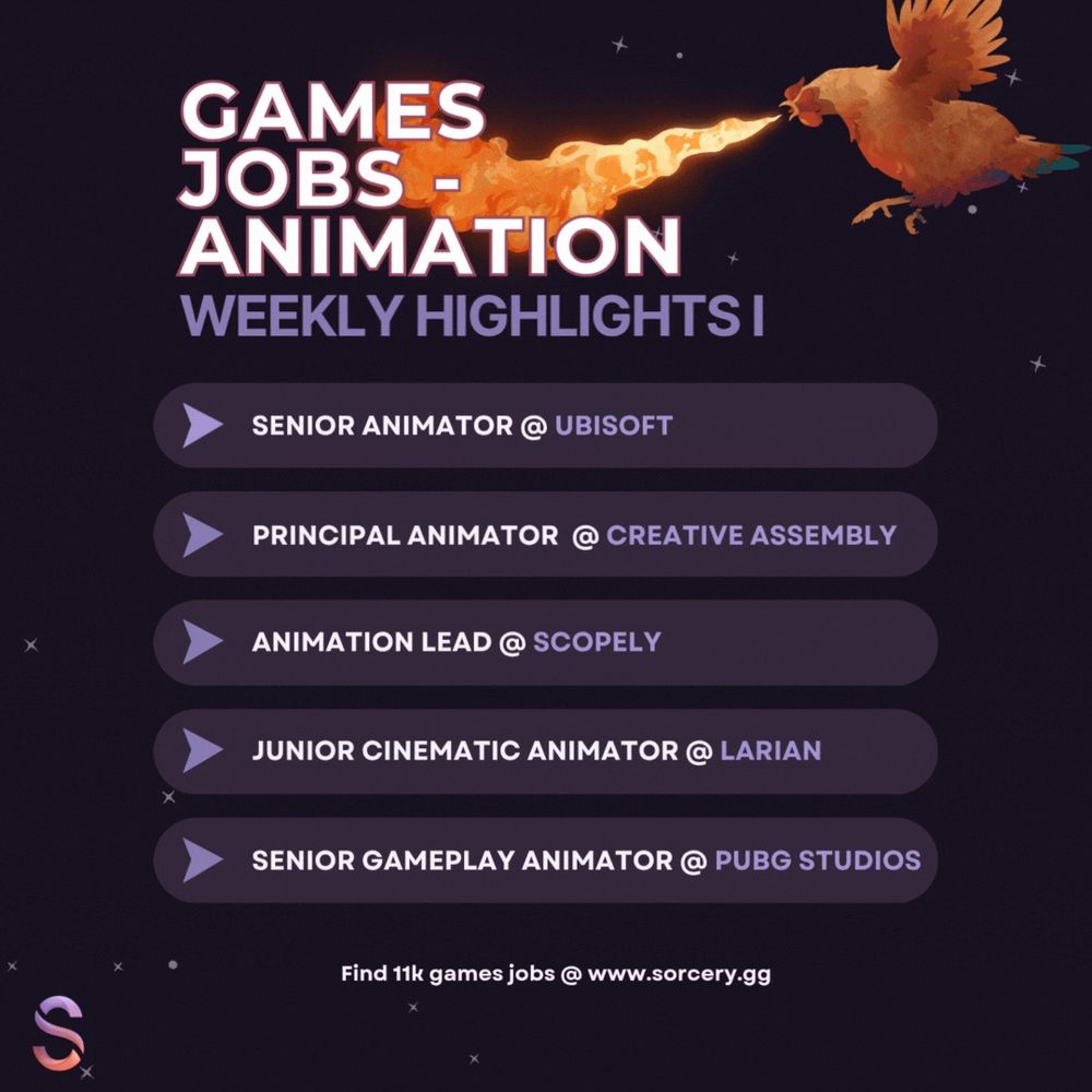 A gif displaying two images Image 1:
Alt text: "Games Jobs - Animation Weekly Highlights I - featuring animation opportunities at leading game studios: Senior Animator at Ubisoft, Principal Animator at Creative Assembly, Animation Lead at Scopely, Junior Cinematic Animator at Larian, and Senior Gameplay Animator at PUBG Studios. Find 11k games jobs at www.sorcery.gg"
Image 2:
Alt text: "Games Jobs - Animation Weekly Highlights II - showcasing animation roles across top gaming companies: Senior Animator at Blizzard, Gameplay Animator at 2K Games, Senior Animator at Zynga, Senior Animator at Insomniac, and Sr. Tech Animator at Two Point Studios. Find 11k games jobs at www.sorcery.gg"