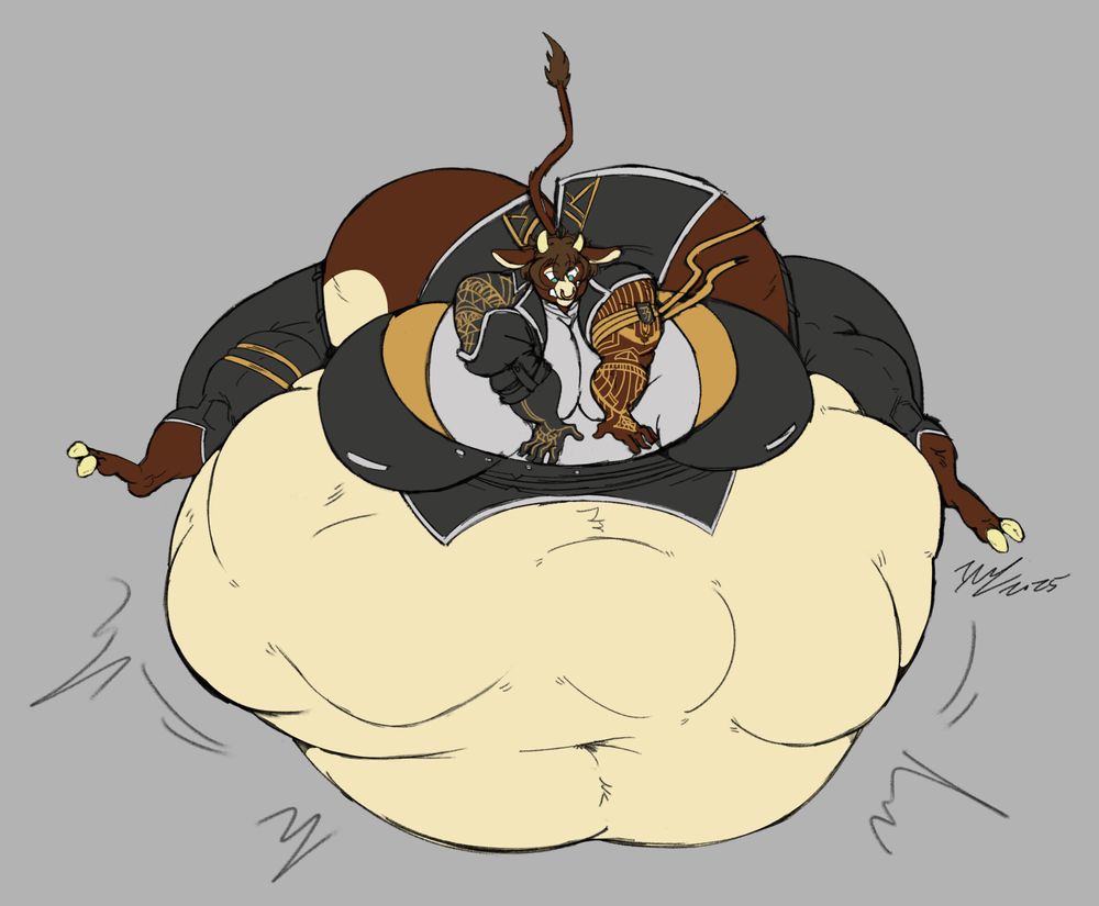 Vache rolled over their massive vore belly, trying to hold it down from its constant wriggling.