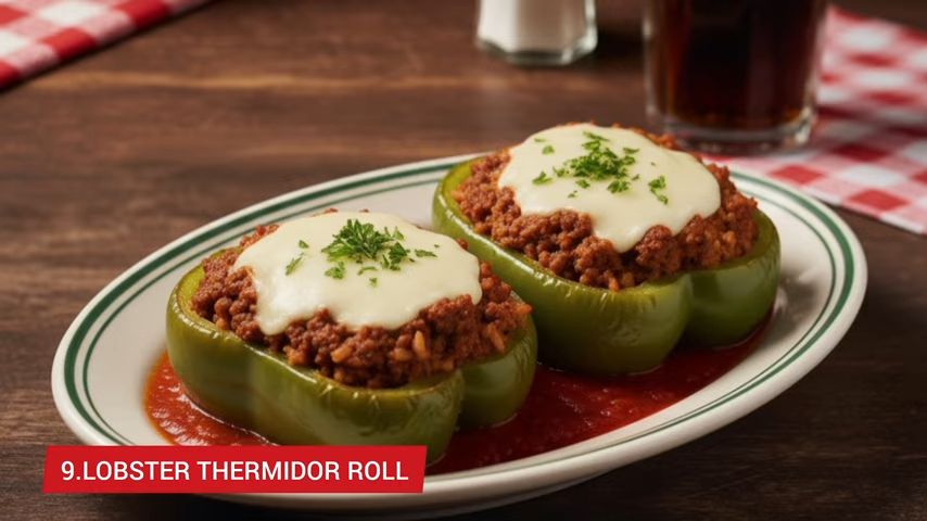 Stuffed bell peppers with a heading that says "9. Lobster thermidor roll" from an AI slop video