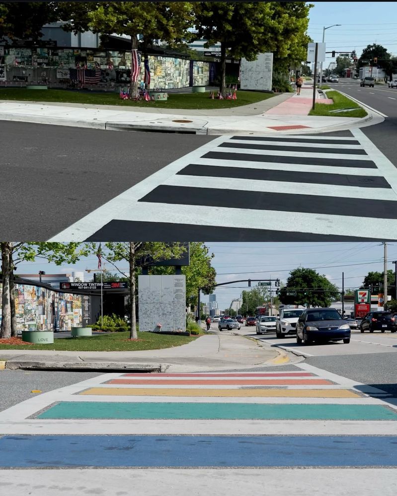 A before and after photo of a crosswalk with LGTBQ+ colors painted over with white and black at the Pulse memorial site near downtown Orlando, Florida.
