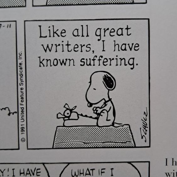 A panel from the Peanuts comic strip. Snoopy typing away on top of his home. The text above him reads, “Like all great writers, I have known suffering.”
