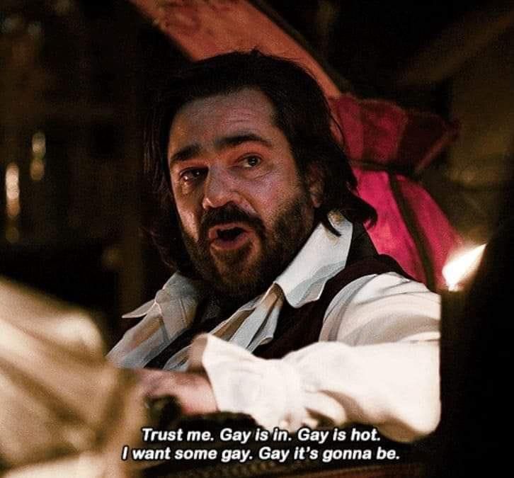 What We Do in the Shadows on FX. Matt Berry as Leslie "Laszlo" Cravensworth. The caption reads, “Trust me. Gay is in. Gay is hot. I want some gay. Gay it’s gonna be.”