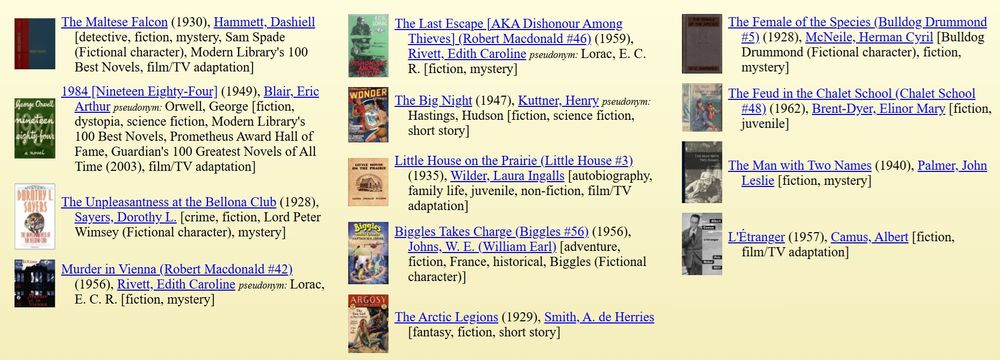The Maltese Falcon (1930), Hammett, Dashiell [detective, fiction, mystery, Sam Spade (Fictional character), Modern Library's 100 Best Novels, film/TV adaptation]

1984 [Nineteen Eighty-Four] (1949), Blair, Eric Arthur pseudonym: Orwell, George [fiction, dystopia, science fiction, Modern Library's 100 Best Novels, Prometheus Award Hall of Fame, Guardian's 100 Greatest Novels of All Time (2003), film/TV adaptation]

The Unpleasantness at the Bellona Club (1928), Sayers, Dorothy L. [crime, fiction, Lord Peter Wimsey (Fictional character), mystery]

Murder in Vienna (Robert Macdonald #42) (1956), Rivett, Edith Caroline pseudonym: Lorac, E. C. R. [fiction, mystery]

The Last Escape [AKA Dishonour Among Thieves] (Robert Macdonald #46) (1959), Rivett, Edith Caroline pseudonym: Lorac, E. C. R. [fiction, mystery]

The Big Night (1947), Kuttner, Henry pseudonym: Hastings, Hudson [fiction, science fiction, short story]

Little House on the Prairie (Little House #3) (1935), Wilder, Laura Ingalls [autobiography, family life, juvenile, non-fiction, film/TV adaptation]

Biggles Takes Charge (Biggles #56) (1956), Johns, W. E. (William Earl) [adventure, fiction, France, historical, Biggles (Fictional character)]

The Arctic Legions (1929), Smith, A. de Herries [fantasy, fiction, short story]

The Female of the Species (Bulldog Drummond #5) (1928), McNeile, Herman Cyril [Bulldog Drummond (Fictional character), fiction, mystery]

The Feud in the Chalet School (Chalet School #48) (1962), Brent-Dyer, Elinor Mary [fiction, juvenile]

The Man with Two Names (1940), Palmer, John Leslie [fiction, mystery]

L'Étranger (1957), Camus, Albert [fiction, film/TV adaptation]